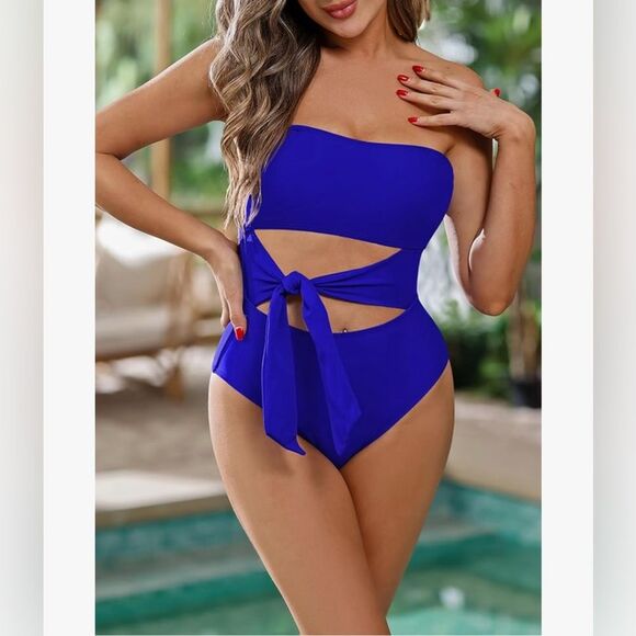 Viottiset Women's Bandeau One Piece Swimsuit Strapless High Cut Out Blue Small - Picture 6 of 8